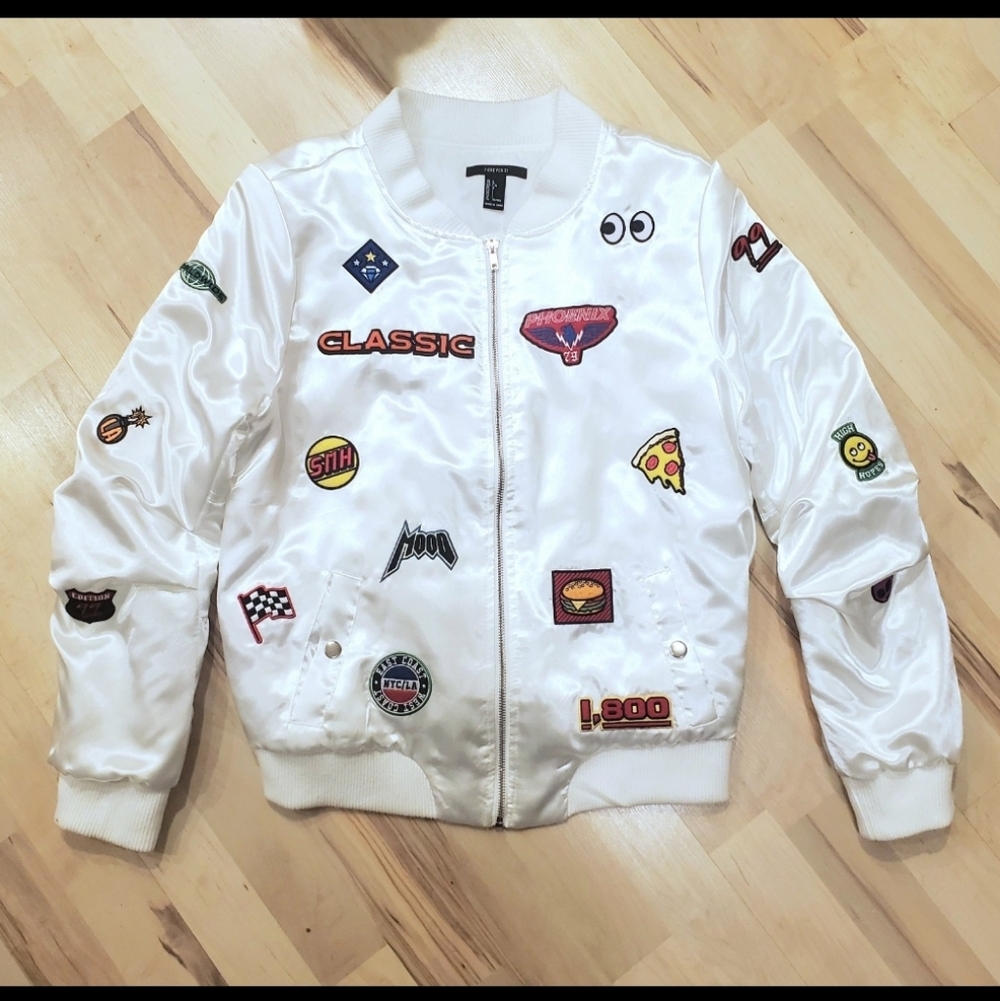 White Satin Bomber Jacket with Patches from Forever 21...LIKE NEW!!